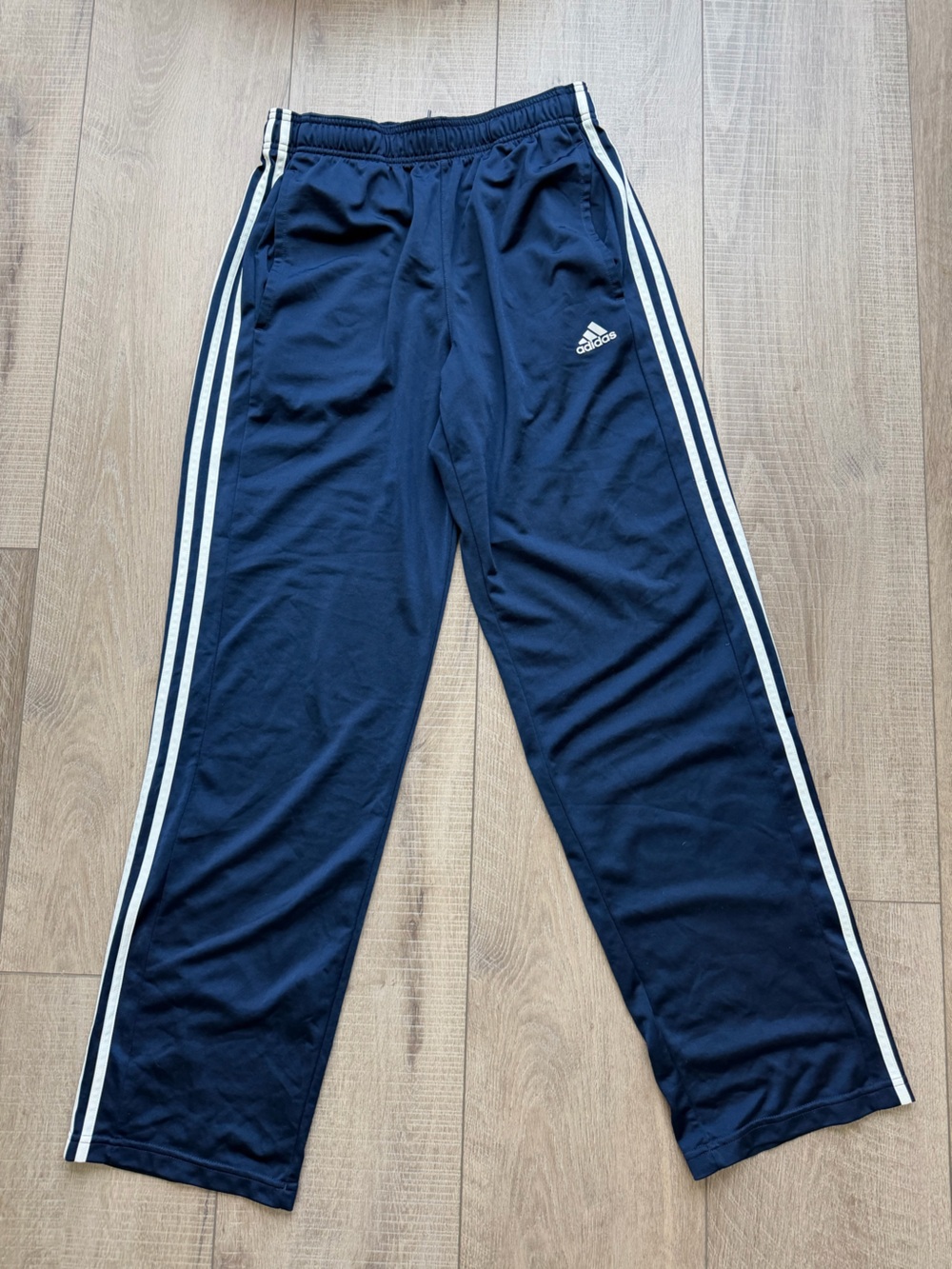 Adidas Men’s Navy Blue Athletic Track Pants with White Stripes Size Medium Tall - Picture 2 of 5